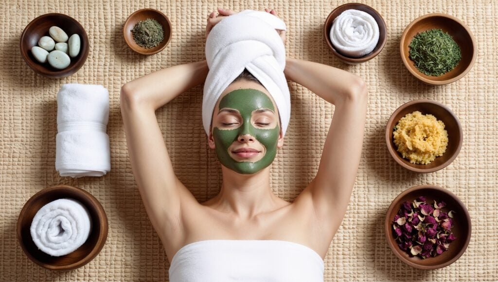 A serene woman with a green clay face mask, her arms resting behind her head, wrapped in a white towel, surrounded by natural skincare elements such as herbs, stones, and towels, creating a calming and holistic spa environment.