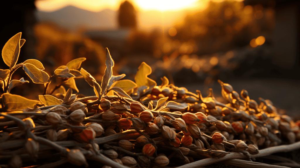 Ashwagandha, illuminated by the soft glow of dawn in a remote village garden