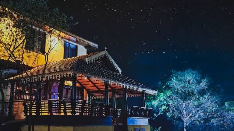 Exterior view of the serene Brahman Centre at Indus Valley Ayurvedic Centre (IVAC), a peaceful retreat offering traditional Ayurvedic treatments and wellness programs in a natural, tranquil setting.