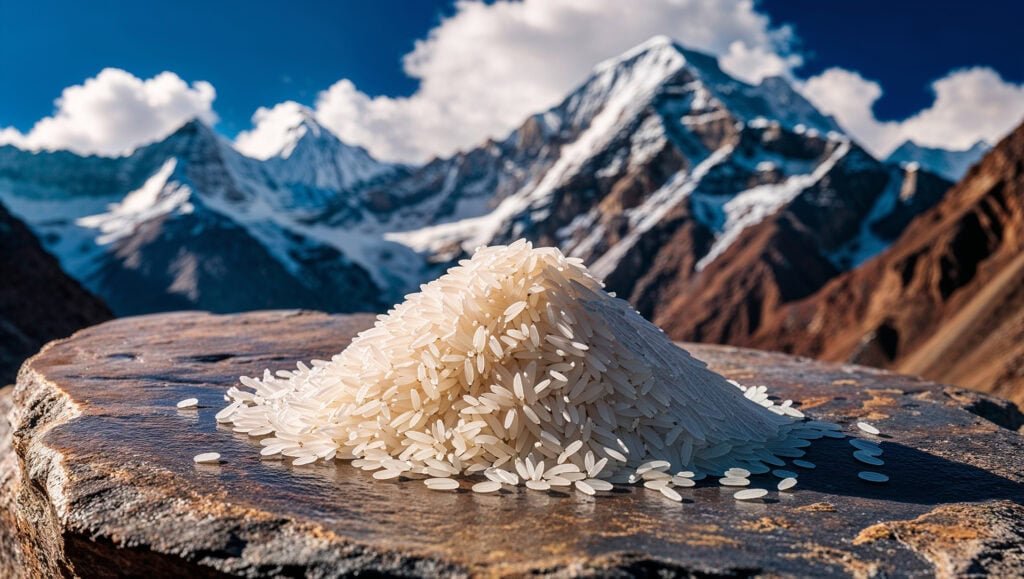 A close-up image of a mound of white basmati rice placed on a natural rock slab with the majestic Himalayan mountains in the background. The scene highlights the purity and origin of the rice, emphasising its natural and organic cultivation methods in the pristine environment of the Himalayas. The snow-capped peaks contrast beautifully with the delicate grains of rice, symbolising health, vitality, and the importance of choosing toxin-free, nutritious food.