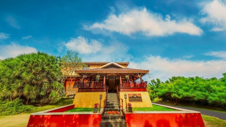 Exterior view of the serene Brahman Centre at Indus Valley Ayurvedic Centre (IVAC), a peaceful retreat offering traditional Ayurvedic treatments and wellness programs in a natural, tranquil setting.