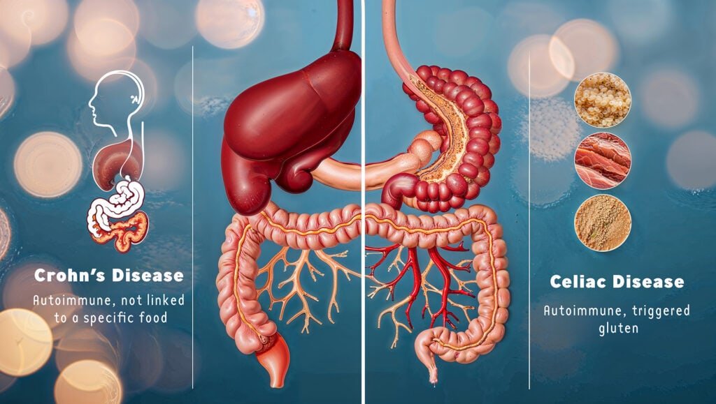The image is split into two halves: • Left Side (Crohn’s Disease): It shows an illustration of the digestive tract, highlighting areas affected by inflammation. The text underneath reads, “Crohn’s Disease: Autoimmune, not linked to a specific food.” The visual emphasizes the condition affecting any part of the gastrointestinal tract. • Right Side (Celiac Disease): This side depicts the digestive tract, specifically focusing on damage to the small intestine due to gluten. The text reads, “Celiac Disease: Autoimmune, triggered by gluten.” Circular icons show food sources such as pasta and bread, which are typical triggers for those with celiac disease.