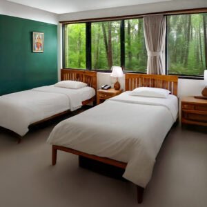 Spacious Deluxe Rooms at IVAC featuring two comfortable twin beds with minimalistic wooden furniture, large windows offering serene views of the lush greenery outside. The room design combines modern comfort with traditional aesthetics, providing a peaceful retreat for relaxation and rejuvenation.