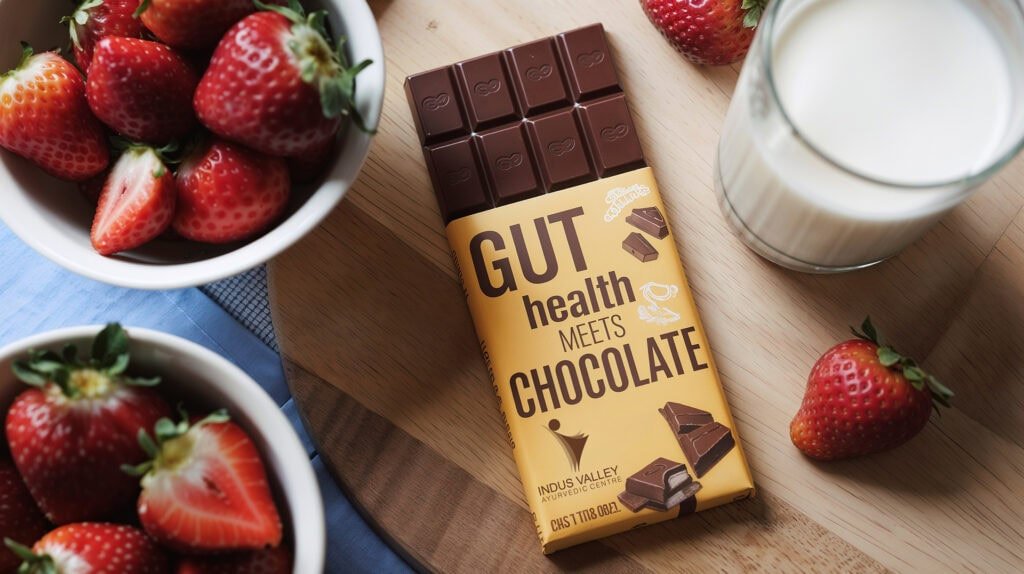 a stylishly designed dark chocolate bar with the label “Gut Health Meets Chocolate” from Indus Valley Ayurvedic Centre (IVAC). The chocolate bar is surrounded by fresh, vibrant strawberries in bowls, a glass of milk, and scattered strawberries on a wooden table, creating an inviting, healthy, and indulgent scene. The combination of the chocolate with natural, fresh ingredients reflects a focus on wellness, highlighting the connection between gut health, Ayurveda, and the pleasure of dark chocolate.