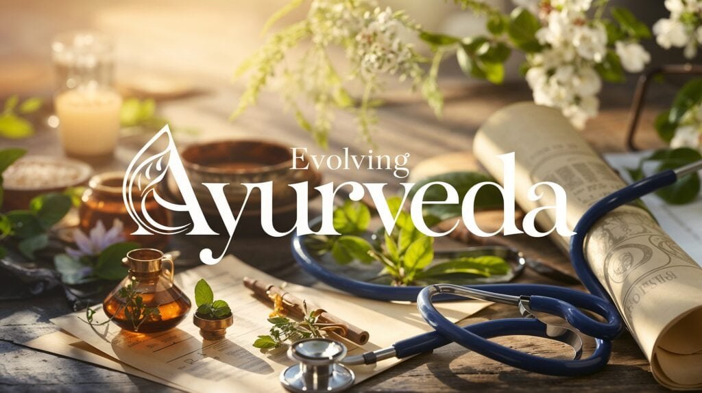 An inspiring depiction of the evolution of Ayurveda, featuring traditional Ayurvedic herbs, tools, and a stethoscope, symbolizing the integration of ancient wisdom with modern medicine. The scene is filled with natural elements and soft sunlight, showcasing holistic wellness. Text reads ‘Evolving Ayurveda’.