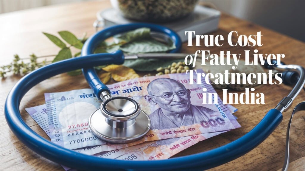 A stethoscope placed on Indian currency notes, symbolizing the medical cost of treating fatty liver in India. Ayurvedic herbs are visible in the background, highlighting alternative treatment options
