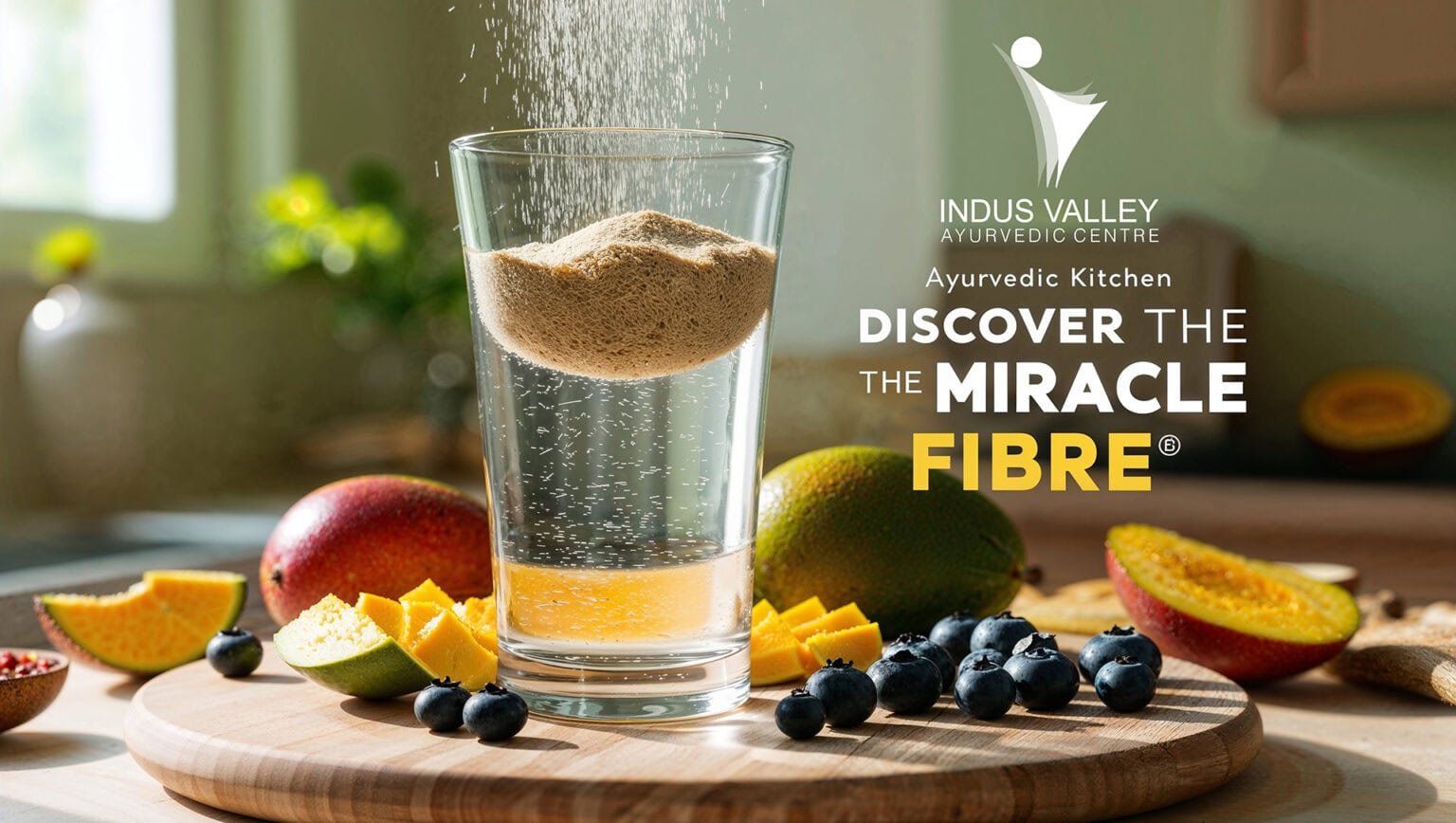 A glass of water with psyllium husk being poured into it, suspended in mid-air as it begins to dissolve. Surrounding the glass are fresh, vibrant fruits, including blueberries and sliced mangoes, placed on a wooden kitchen counter. The background is softly illuminated by sunlight, giving the scene a warm and natural feel. The text on the image reads, “Indus Valley Ayurvedic Centre - Ayurvedic Kitchen: Discover the Miracle Fibre,” highlighting the health benefits of psyllium husk. The overall aesthetic evokes a sense of wellness, vitality, and simplicity.