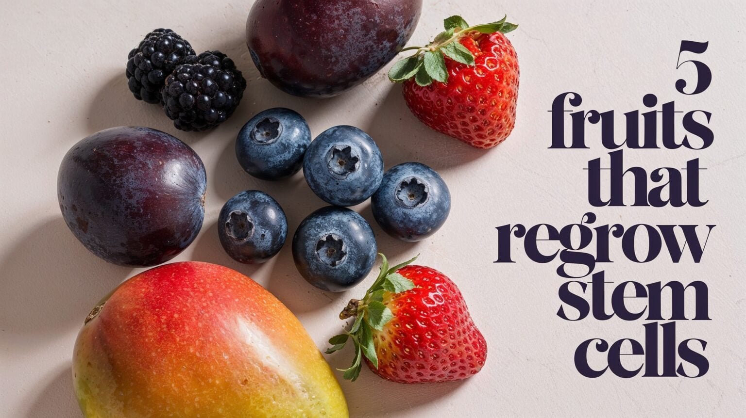 Arrangement of five fruits: black raspberries, blueberries, strawberries, mangoes, and prunes. The fruits should be placed naturally, with soft lighting that highlights their textures and colours, emphasising their organic beauty used in Ayurveda to Regrow Stem Cells