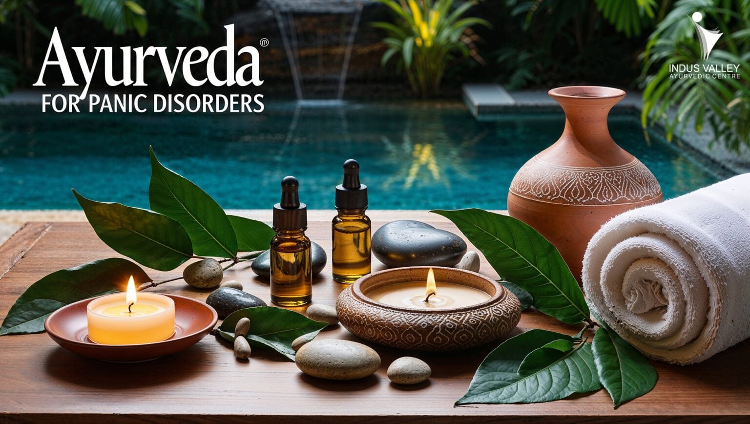 a serene spa-like setting symbolising the Ayurvedic approach to treating panic disorders. The arrangement features essential oil bottles, soothing candles, smooth river stones, and fresh green leaves on a wooden table, all situated beside a tranquil pool surrounded by lush greenery. A traditional terracotta pot and a neatly rolled white towel add to the calming and inviting ambiance. The elements in the image represent the natural and holistic treatments of Ayurveda, emphasising relaxation, balance, and healing. The text “Ayurveda for Panic Disorders” is elegantly placed, reinforcing the image’s focus on using Ayurvedic principles to address mental health concerns. The logo of Indus Valley Ayurvedic Centre is displayed in the top right corner, reinforcing the centre’s association with this serene and therapeutic environment.