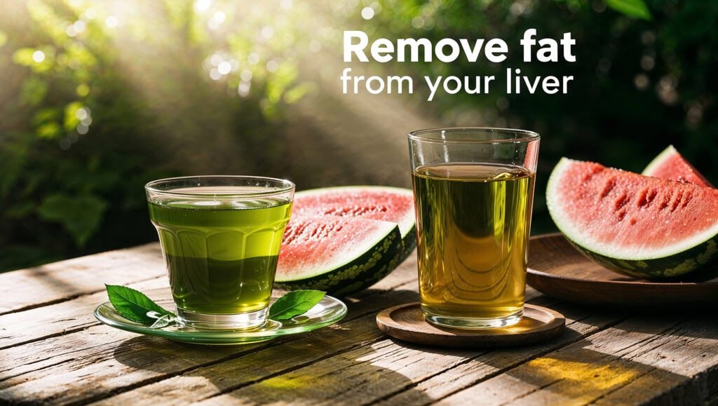 a health-focused setting, symbolising liver health and fat loss. The image should feature a refreshing glass of green tea alongside a bowl of fresh watermelon slices, both placed on a rustic wooden table bathed in soft, natural sunlight. The background should include lush greenery to evoke nature’s purity and balance.