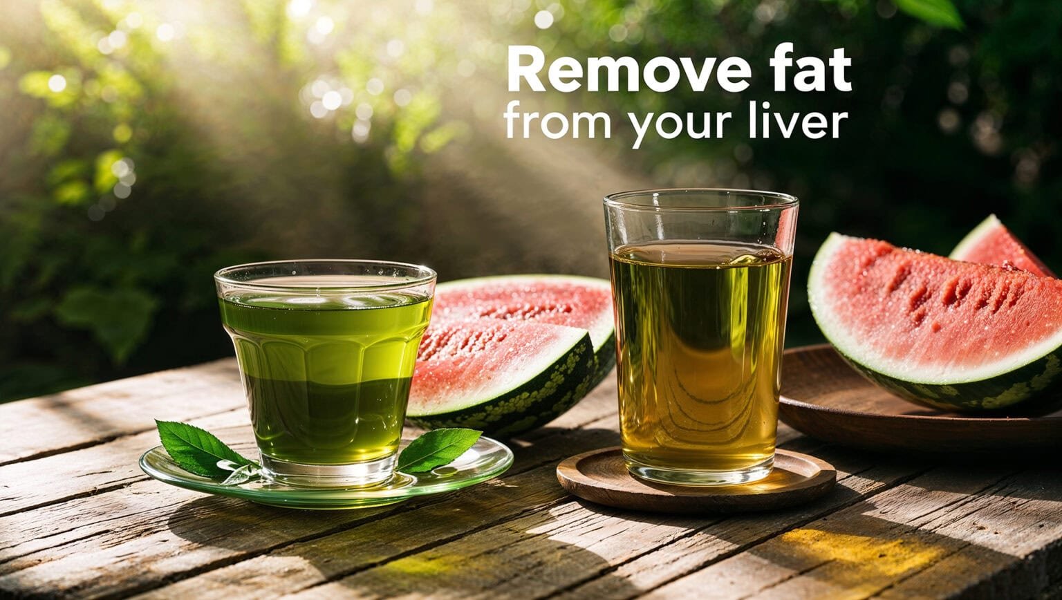 a health-focused setting, symbolising liver health and fat loss. The image should feature a refreshing glass of green tea alongside a bowl of fresh watermelon slices, both placed on a rustic wooden table bathed in soft, natural sunlight. The background should include lush greenery to evoke nature’s purity and balance.