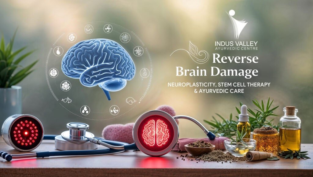 A serene and professional setting illustrating the concept of reversing brain damage through neuroplasticity, stem cell therapy, and Ayurvedic care. The image features a glowing digital brain surrounded by wellness elements such as oils, herbs, and modern medical tools, symbolising the harmonious integration of holistic healing and advanced therapies. In the background, soft natural light evokes a sense of calm, representing hope and recovery. The text “Reverse Brain Damage - Neuroplasticity, Stem Cell Therapy & Ayurvedic Care” is displayed alongside the Indus Valley Ayurvedic Centre logo