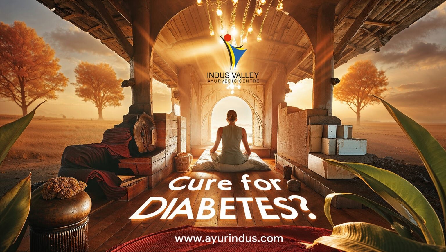 A serene Ayurvedic setting at sunset with a person meditating in a rustic, open-structured room, symbolizing holistic wellness and inner peace. Text reads ‘Cure for Diabetes?’ with the Indus Valley Ayurvedic Centre (IVAC) logo and the website link www.ayurindus.com, inviting viewers to explore Ayurvedic solutions for diabetes
