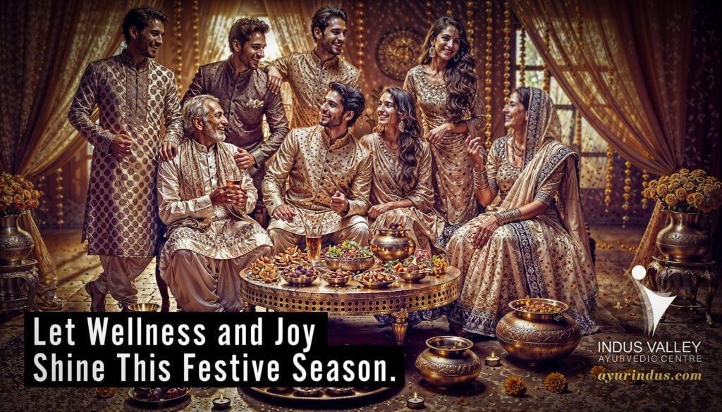 A classy and elegant Indian festive scene featuring joyful Indian people. A group of friends or family members dressed in traditional Indian attire—vibrant sarees, kurtas, and sherwanis—gathered around a table adorned with Ayurvedic treats like ginger-amla barfi, herbal teas, and dates. The setting includes soft, warm lighting, delicate marigold flowers, and rich silk drapes in the background, creating a luxurious and serene ambience. The people are smiling, enjoying conversation, or sharing the festive food, radiating happiness, warmth, and cultural togetherness.