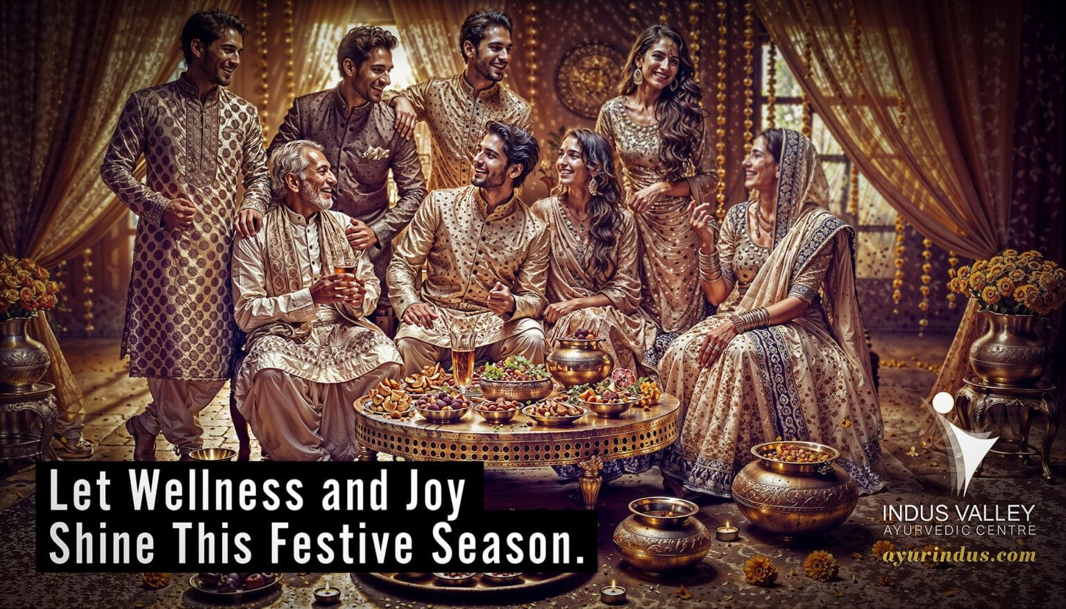 A classy and elegant Indian festive scene featuring joyful Indian people. A group of friends or family members dressed in traditional Indian attire—vibrant sarees, kurtas, and sherwanis—gathered around a table adorned with Ayurvedic treats like ginger-amla barfi, herbal teas, and dates. The setting includes soft, warm lighting, delicate marigold flowers, and rich silk drapes in the background, creating a luxurious and serene ambience. The people are smiling, enjoying conversation, or sharing the festive food, radiating happiness, warmth, and cultural togetherness.