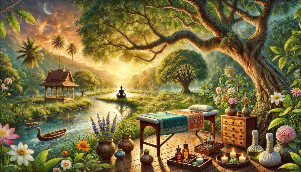 A tranquil Ayurvedic scene by a riverside, featuring a wooden massage table under a canopy of trees, herbal oils, and tools nearby, with a person practicing yoga in the background under a golden sunset. The setting highlights harmony with nature, lush greenery, and the essence of Ayurveda’s holistic wellness.