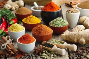 Various aromatic colorful spices and herbs. Ingredients for cooking. Ayurveda treatments.