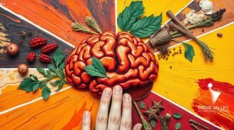 An artistic depiction of a human brain surrounded by vibrant Ayurvedic herbs, spices, and natural elements, symbolising the connection between holistic healing and mental clarity at Indus Valley Ayurvedic Centre.